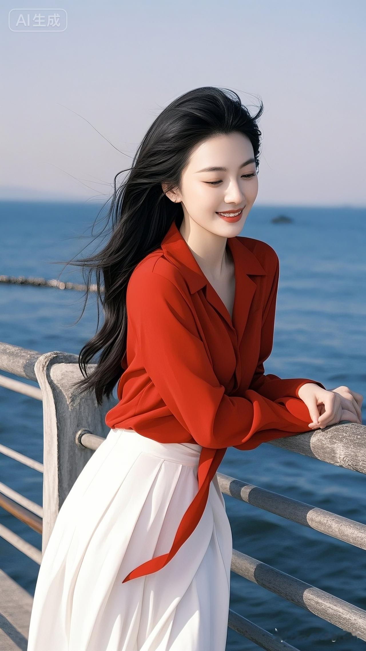 海边风景，美少女倚栏杆微笑。