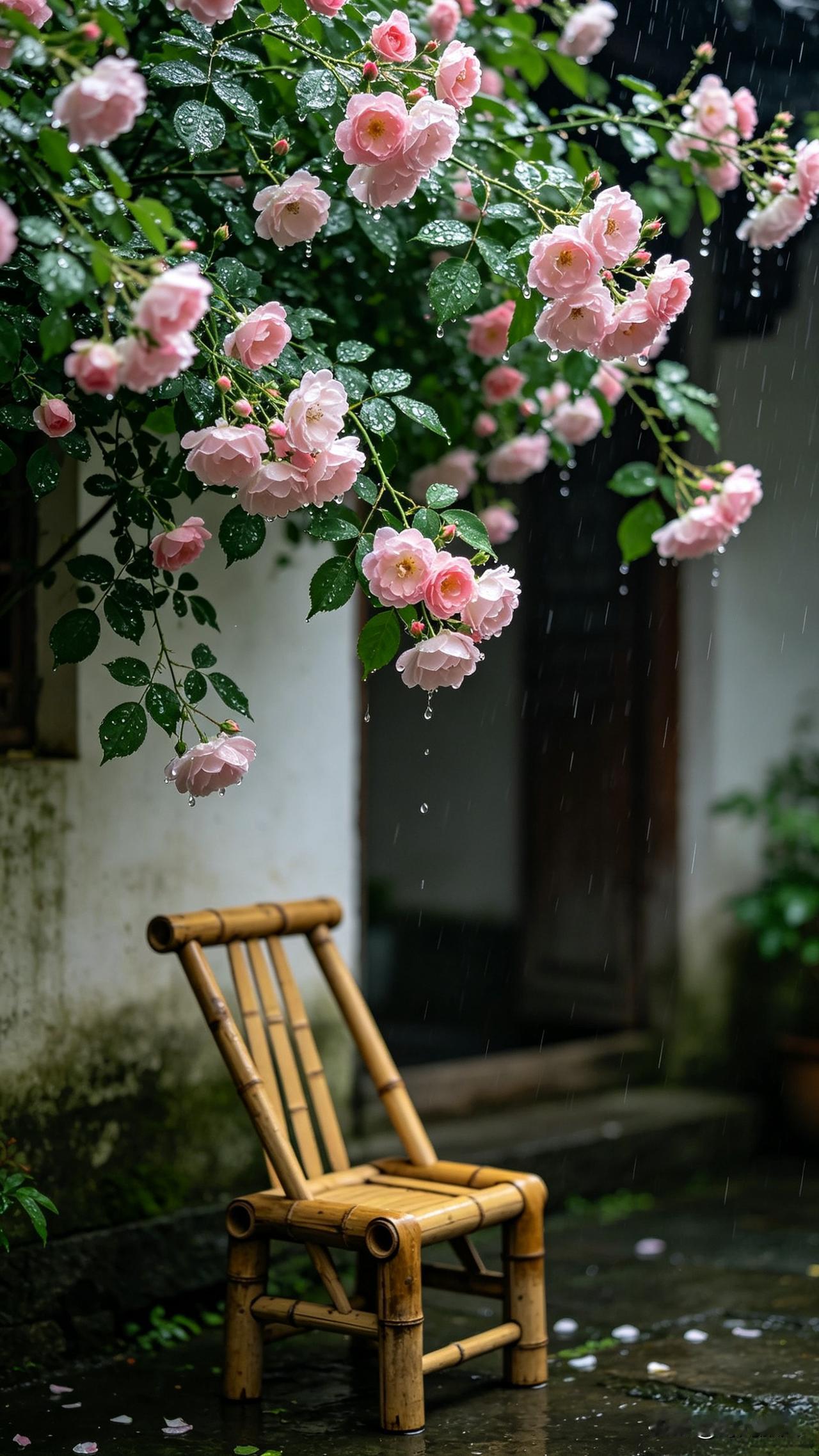 雨停了，搬了把小竹椅在院里坐着，看着墙头的蔷薇开得热热闹闹，忽然就有了这句：小院
