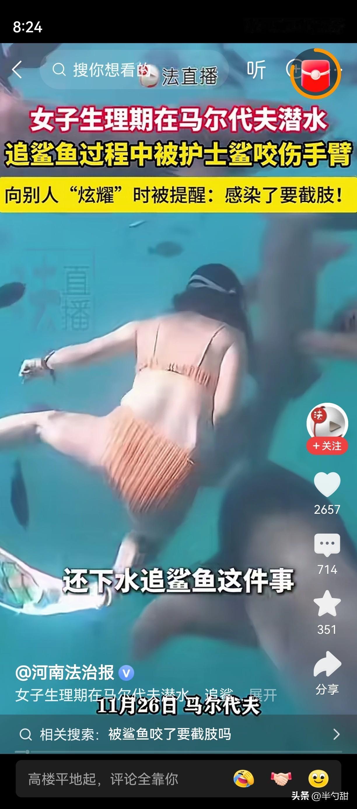 真是太无知了，一女子去马尔代夫潜水中，被鲨鱼咬了，被路人劝说有“感染”的风险，可