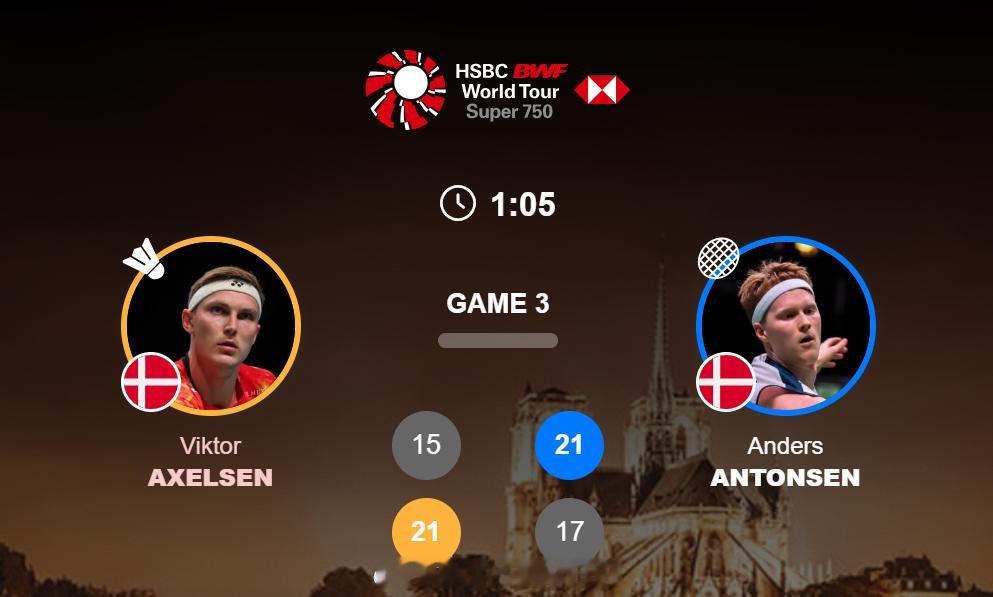 男单 1/4赛安赛龙 15-21 21-17 安东森(2)2025年法国羽毛球公