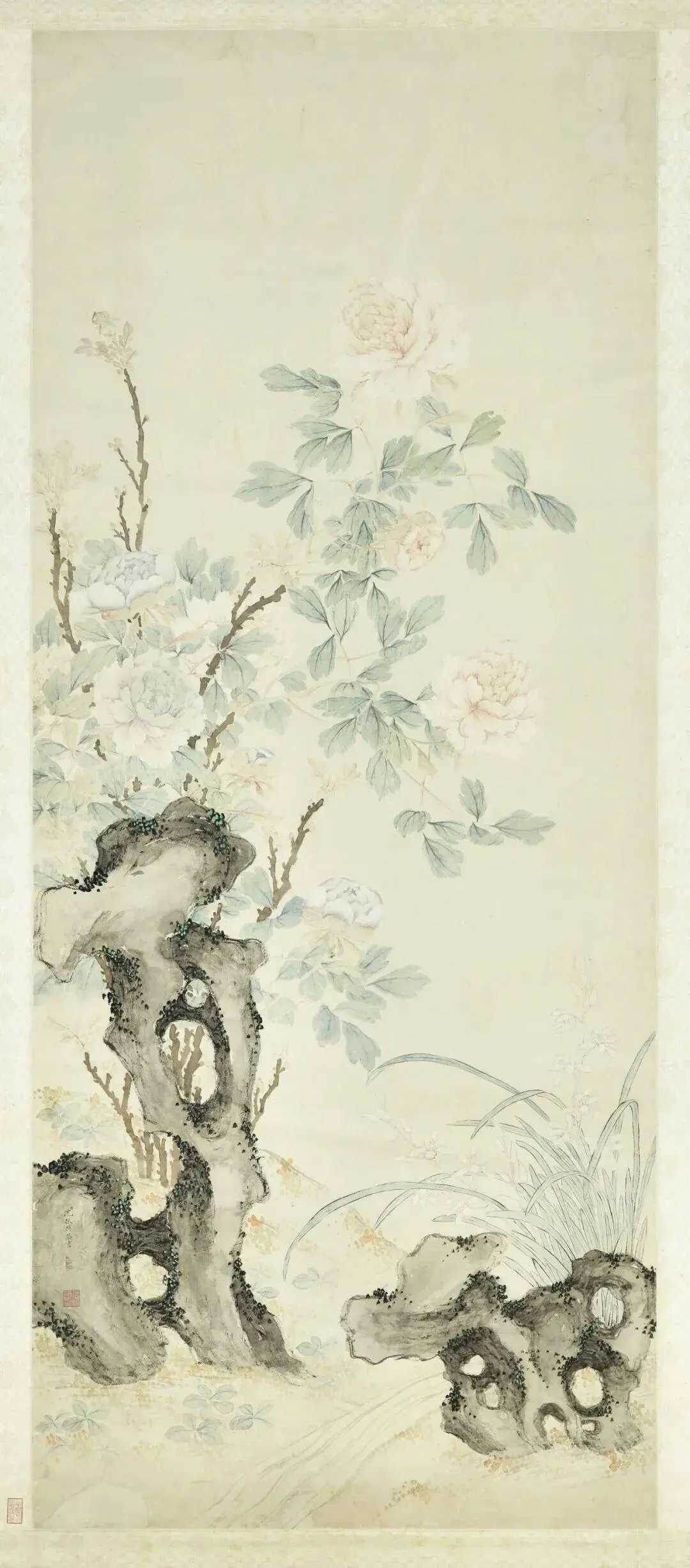 沈振麟《牡丹兰花轴》。沈振麟（19世纪），字凤池（一作凤墀），江苏吴县人，作为清