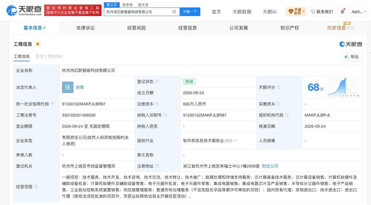 红豆股份等成立智能科技公司含集成电路销售等业务
天眼查App显示，近日，杭州鸿芯