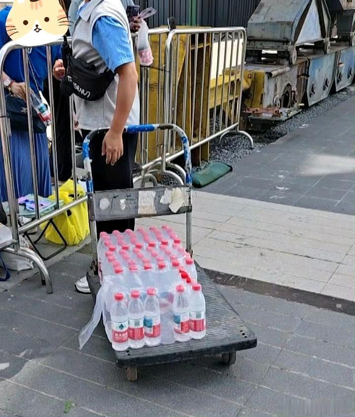 上海星姐前线报道，东子给排队的星姐送来了矿泉水。看来上次安踏排队时发的水也是东子
