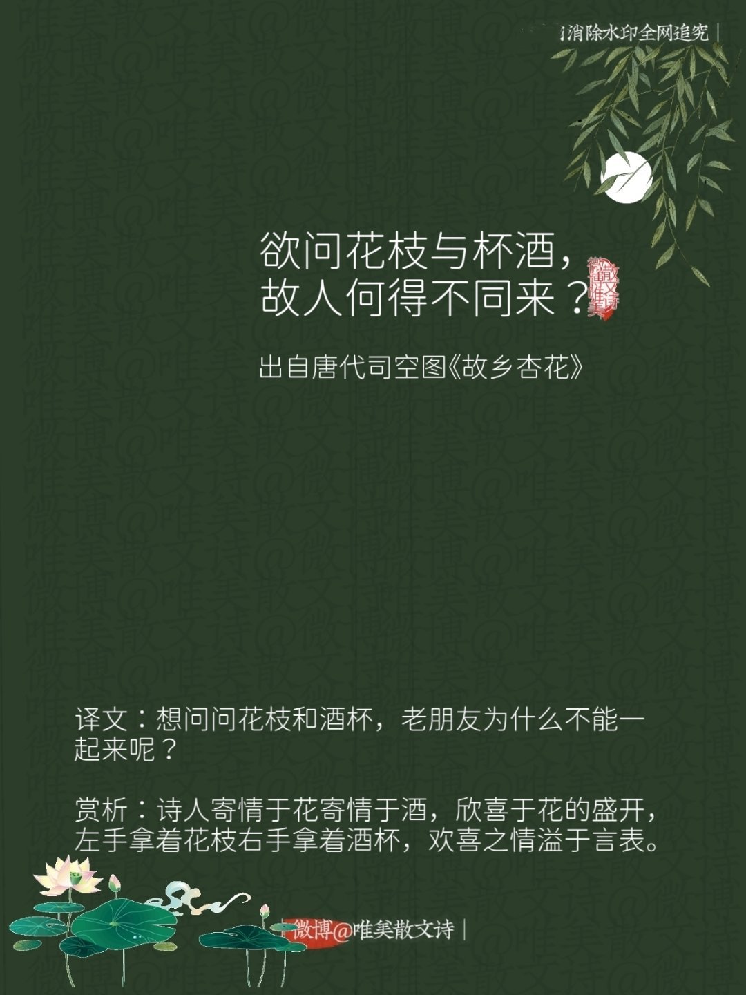 “欲问花枝与杯酒，故人何得不同来？”--唐代司空图 