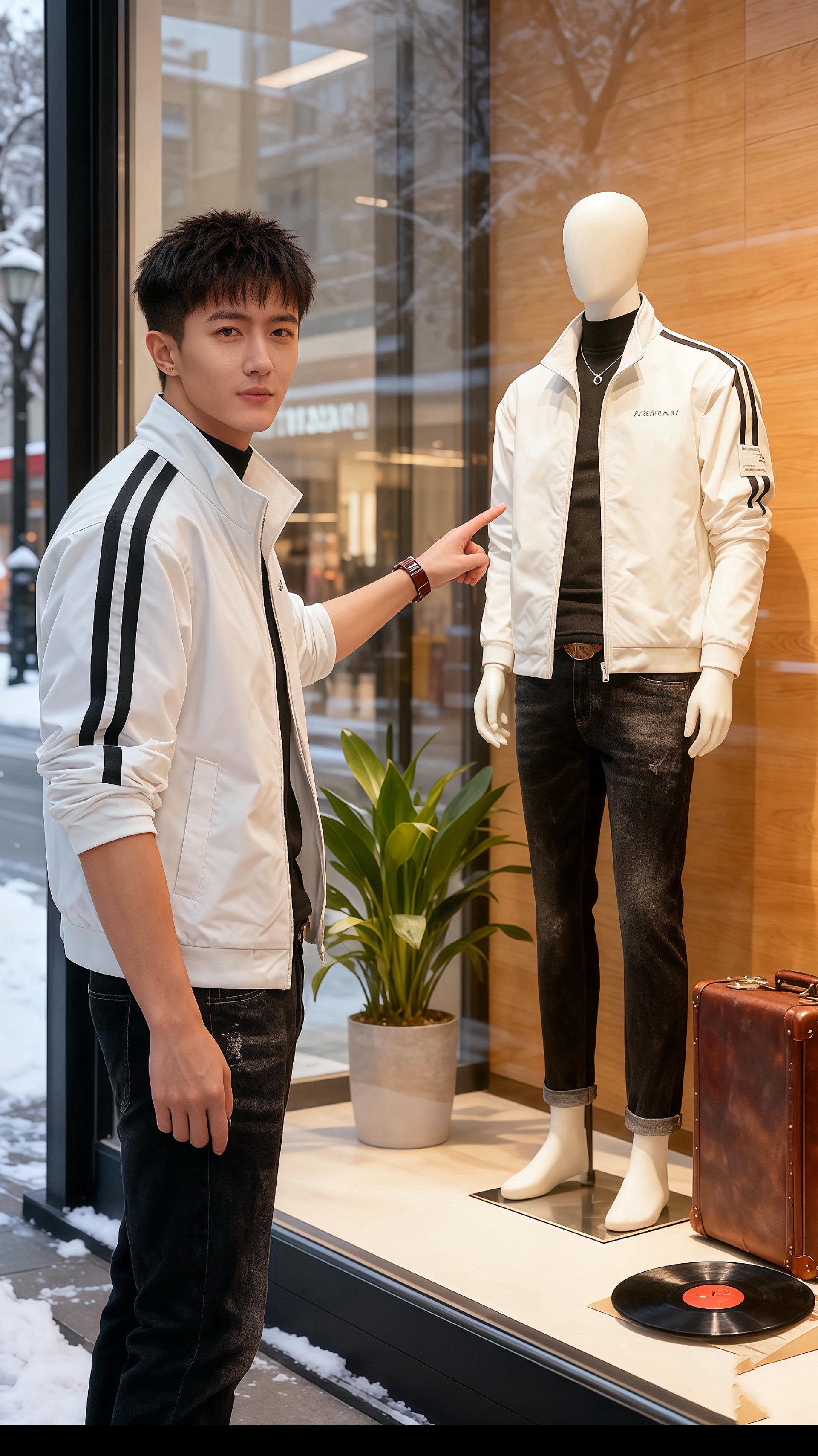 冬日的咖啡馆里，温暖的灯光与窗外飘落的雪花交织成一幅宁静的画面。他坐在...