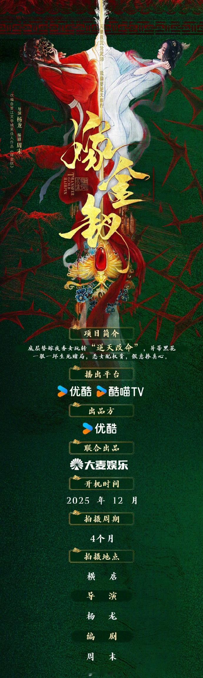 网传电视剧《嫁金钗》12月中旬开机，主演：田曦薇、闫桉