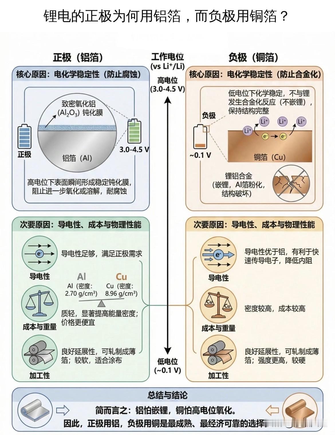 锂电池正极为何用铝箔，负极用铜箔？