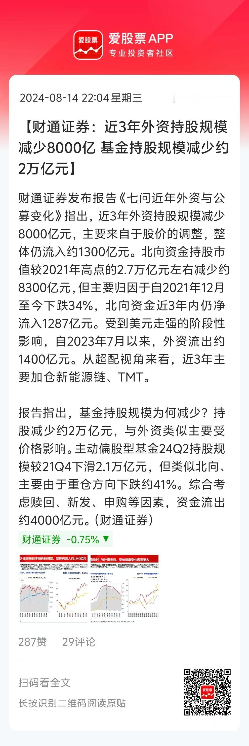 今天内资跑了84.5亿，外资也出逃近72个亿。为什么内外资都在跑，财通这个报告说