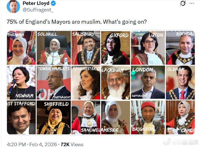 可怕的事实：英国75%的市长是穆斯林！
白人已彻底被边缘化了。