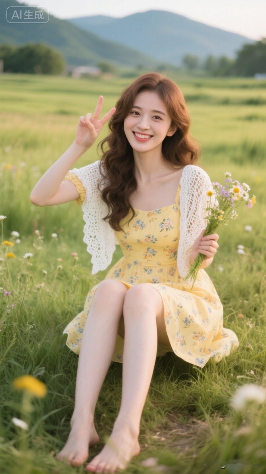 夏日野餐，花海中的甜美女孩🌸💐🌿