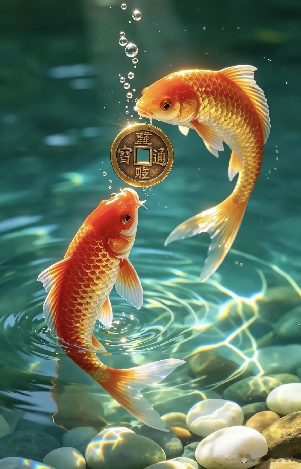 锦鲤衔财添富贵，
清波纳福聚财源。