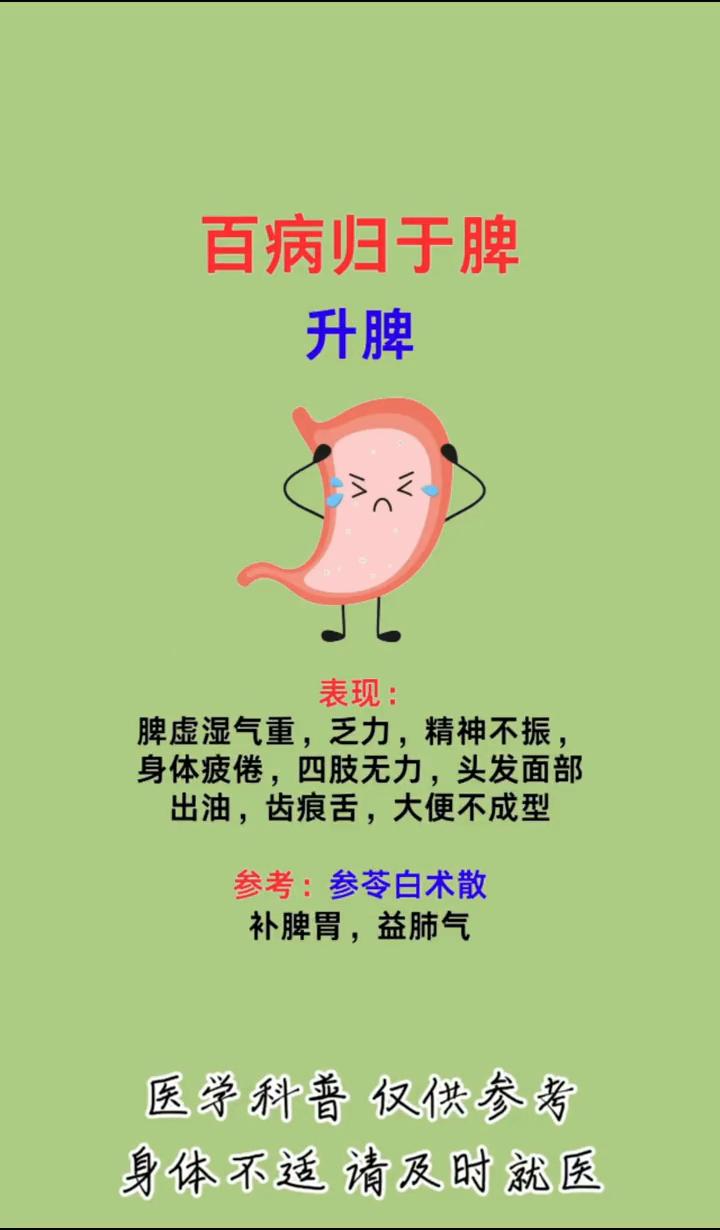 百病归于脾，4种中成药让你运脾、升脾、温脾、补脾，脾壮百病消。
·补脾：表现：脾