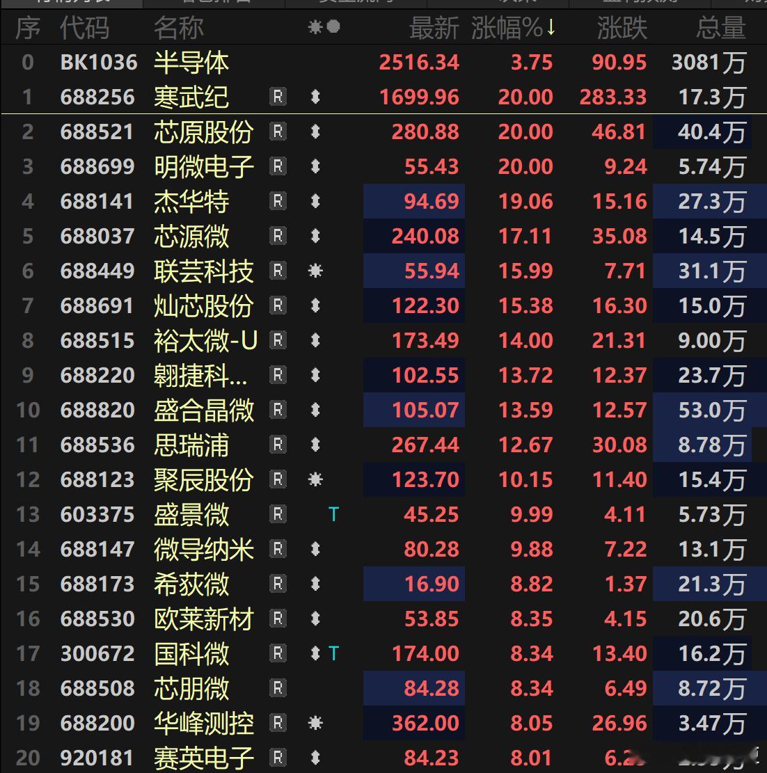 半导体指数大涨，基本被科创板包干了，主板。创业板都是看客 