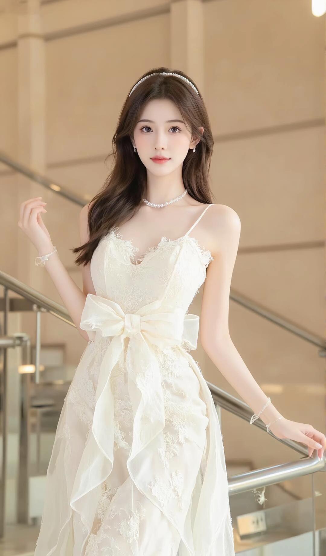 优雅白裙少女，梦幻蕾丝裙摆，温柔优雅，宛如童话中的公主。
裙摆垂落时牵起几缕柔光