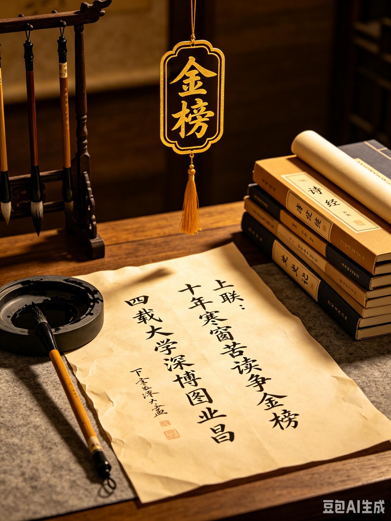 上联：十年寒窗苦读争金榜
下联：四载大学深博图业昌