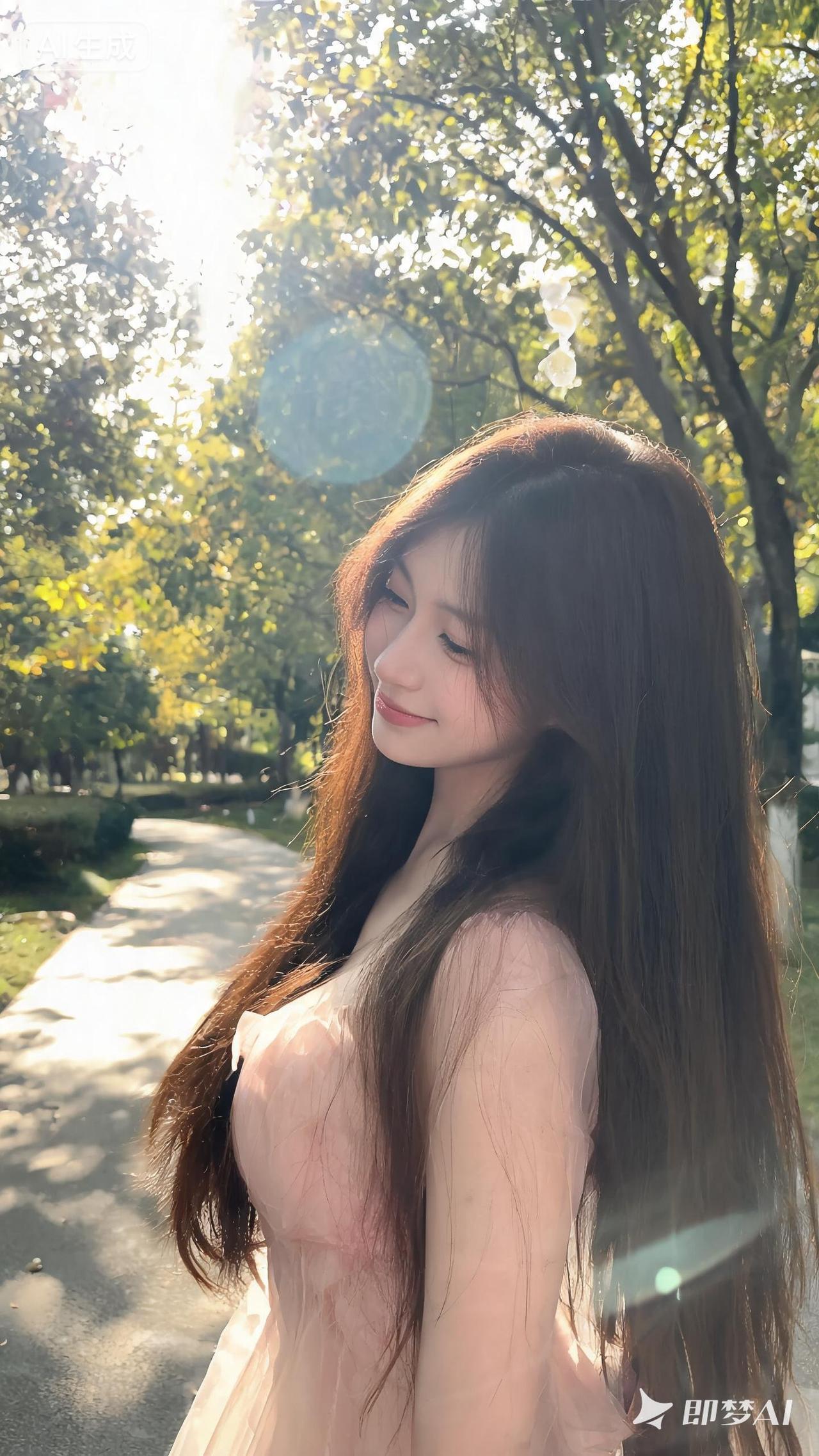 阳光洒落，微笑的少女在树荫下漫步