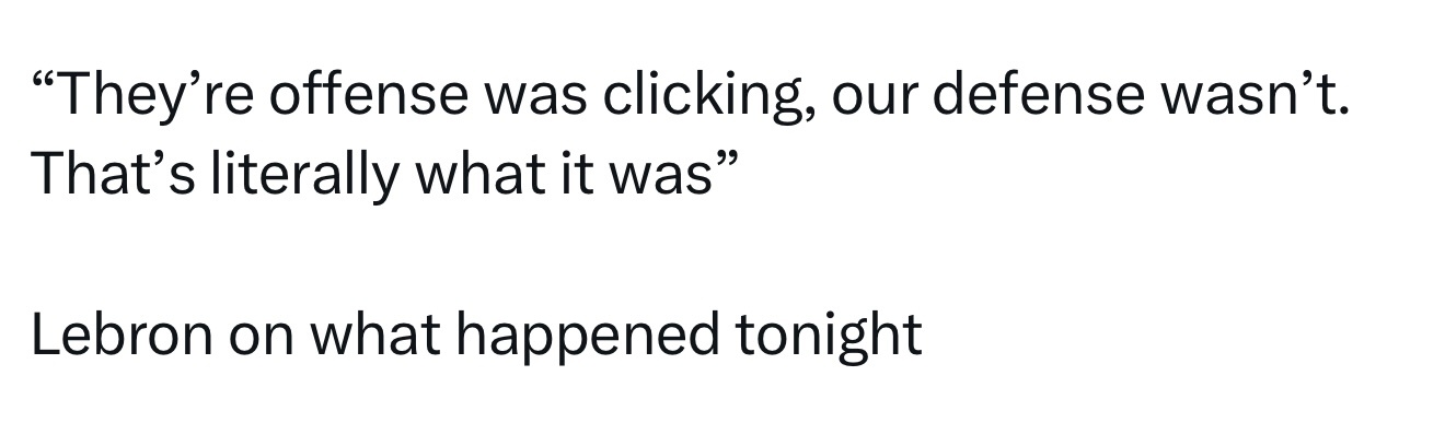 詹姆斯：“他们的进攻火力全开，我们的防守却一塌糊涂，事实就是如此。” 