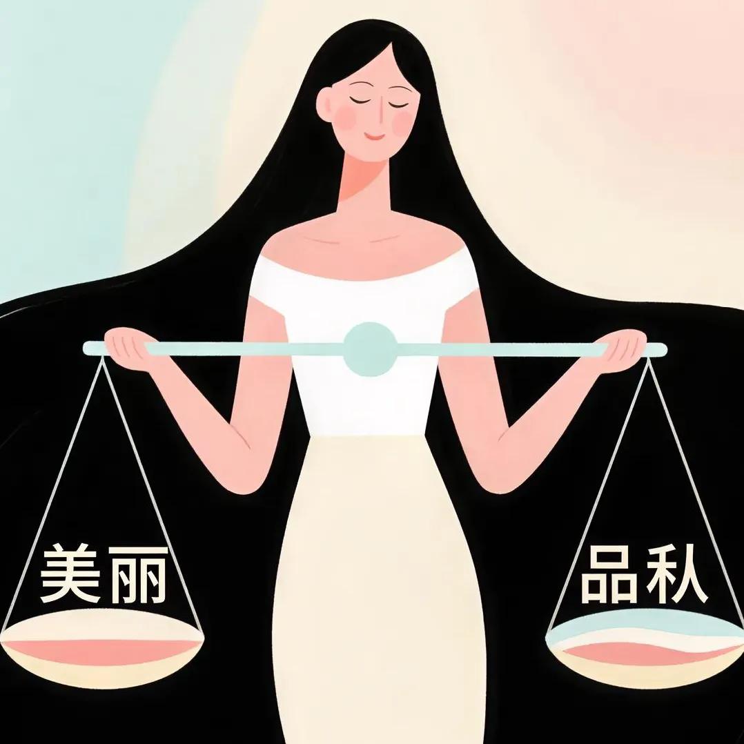 我将围绕“女人美貌与人品哪个更重要”这一话题，以插画风格创作一张图片，画面中一位