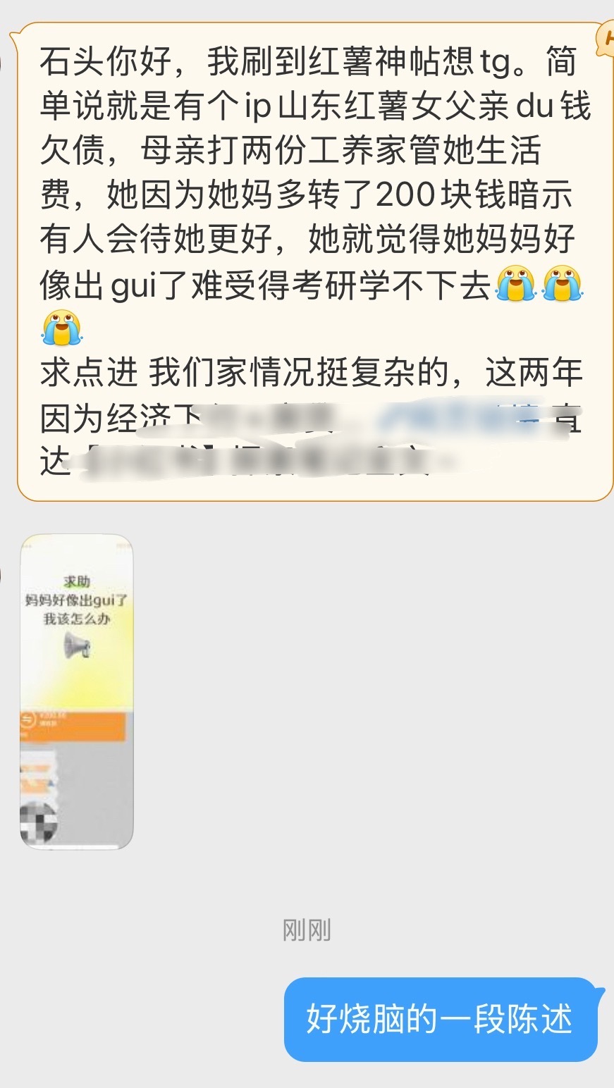 爸爸在外赌博欠债，妈妈要打工负担家庭全部开支，但因为妈妈多给了200块钱生活费，