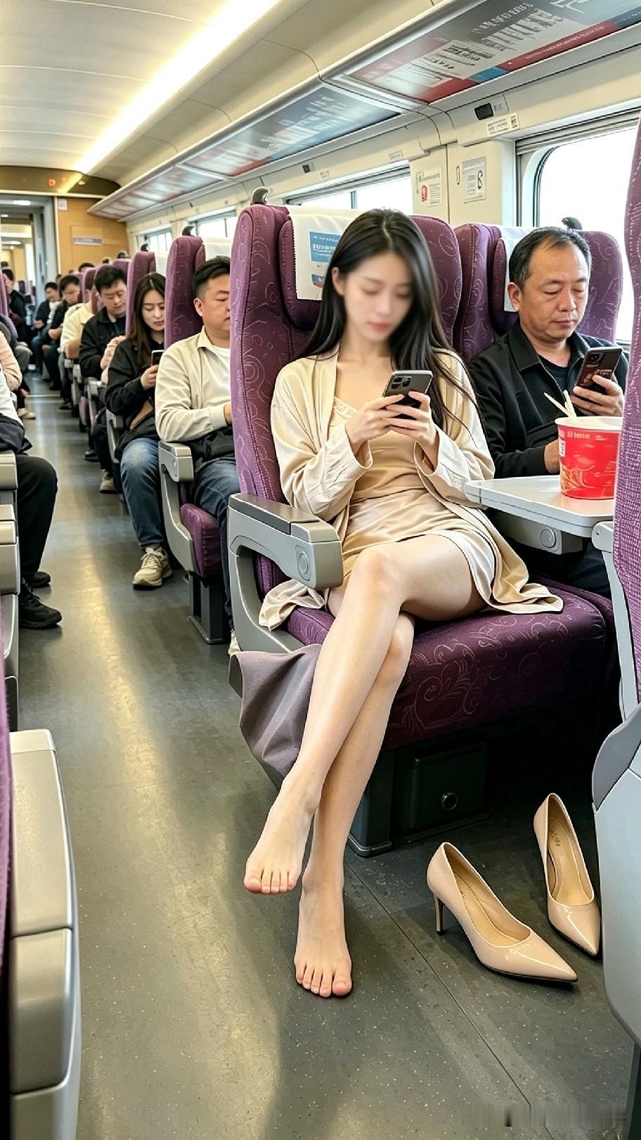 高铁邻座大叔正在吃面，旁边女生直接脱鞋伸脚，隔着位置看着都尴尬，公共场合这样合适