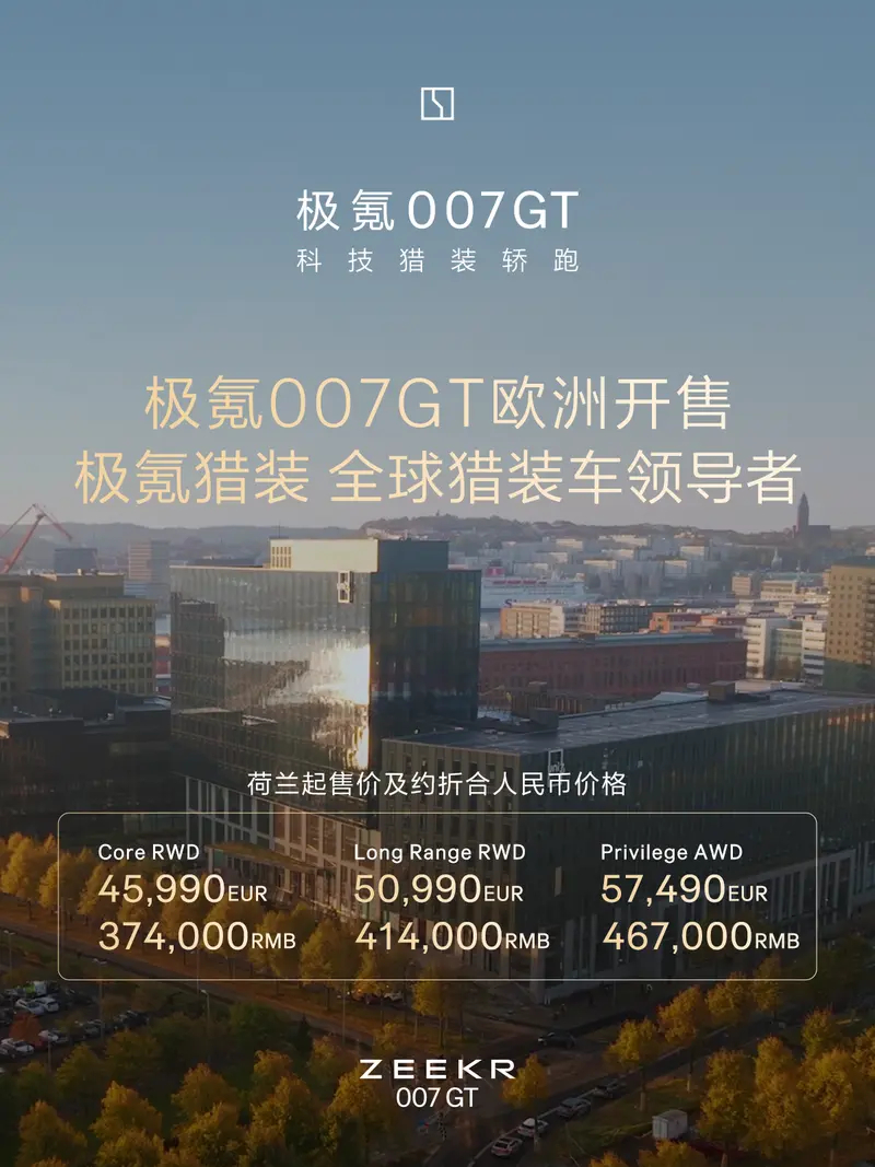 极氪007GT在欧洲荷兰上市，售价4.599万欧元起，海报还帮咱贴心的换算了价格