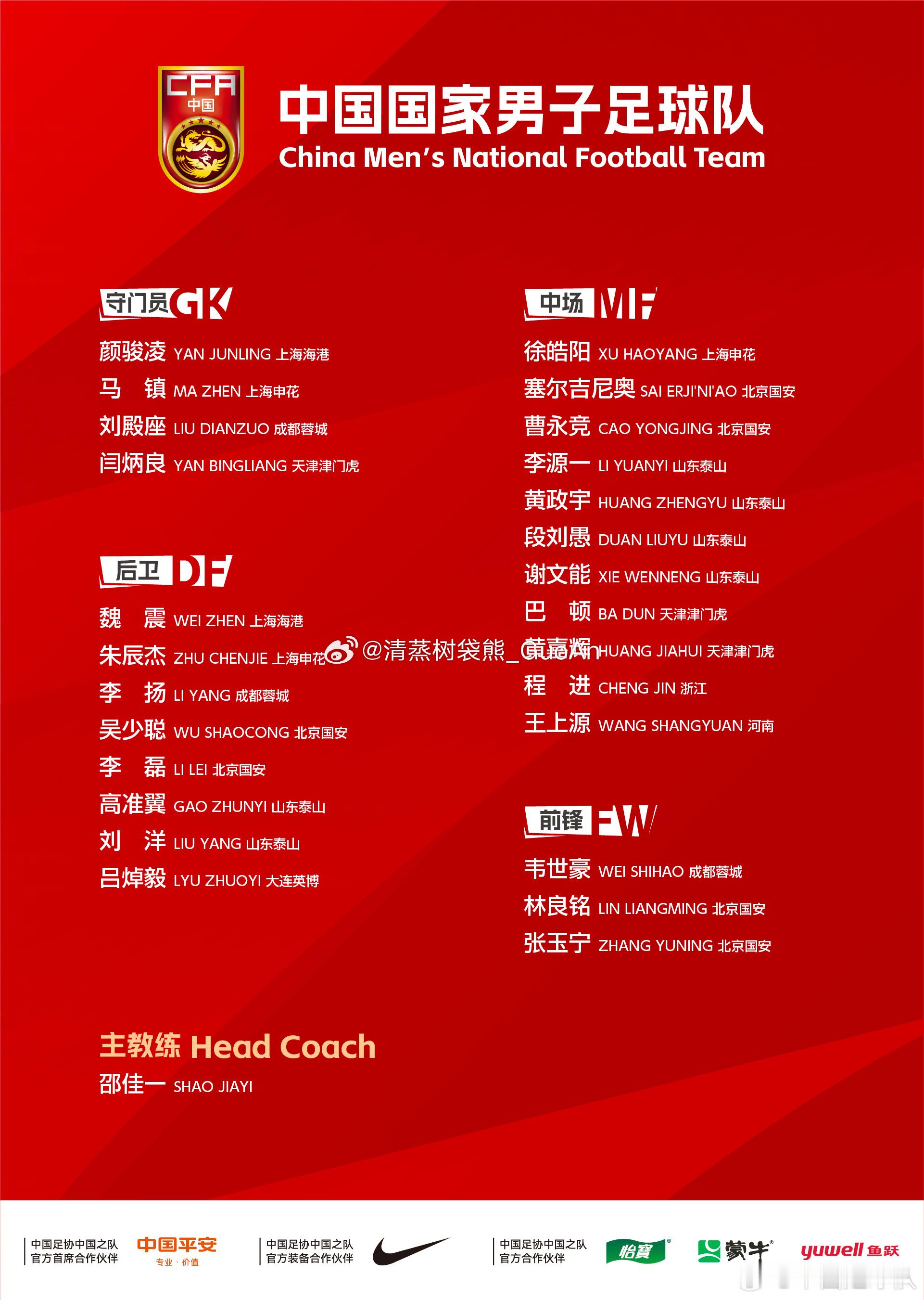 邵佳一上任后第一期国家队大名单，国安队吴少聪、李磊、塞尔吉尼奥、曹永竞、林良铭、