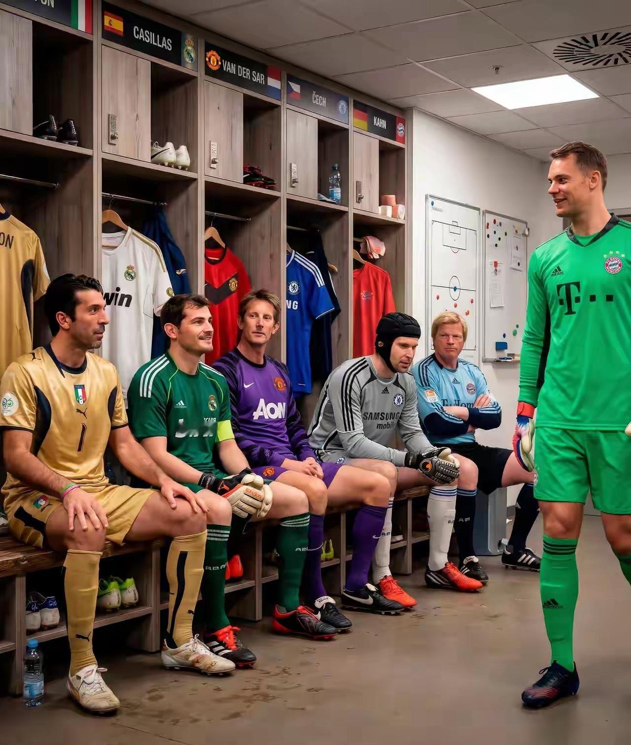 几位传奇门将大佬聚会，包间就五把交椅：卡恩、切赫、范德萨、卡西利亚斯、布冯。突然