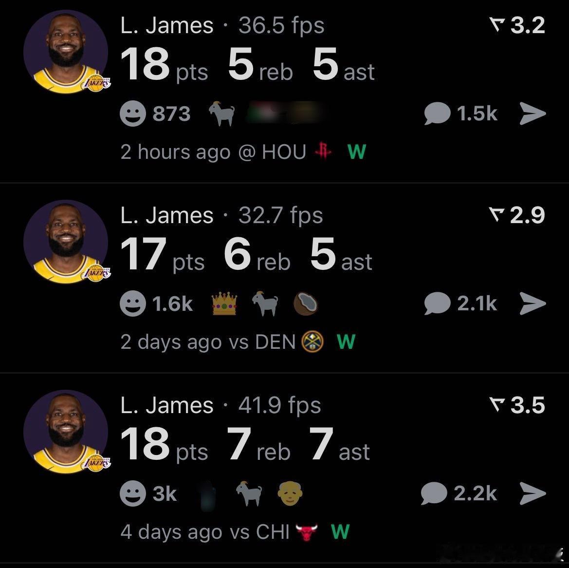 依旧稳健！詹姆斯复出后3场比赛表现：vs公牛，18分7板7助2断1帽，13中7v