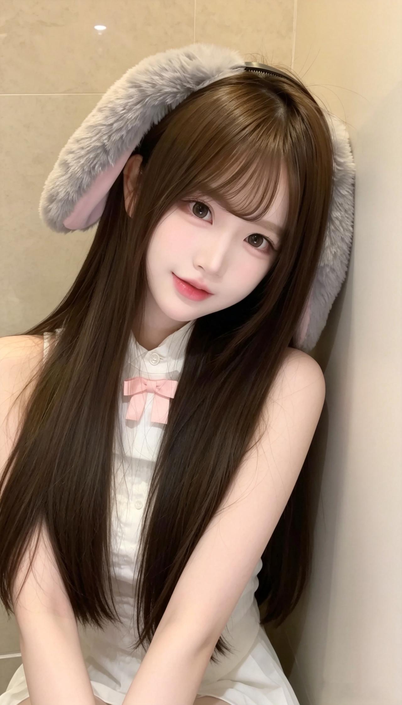 暖光漫过石阶，少女身着简约穿搭，气质温柔又灵动。空气刘海蓬松柔软，双手轻托脸颊的