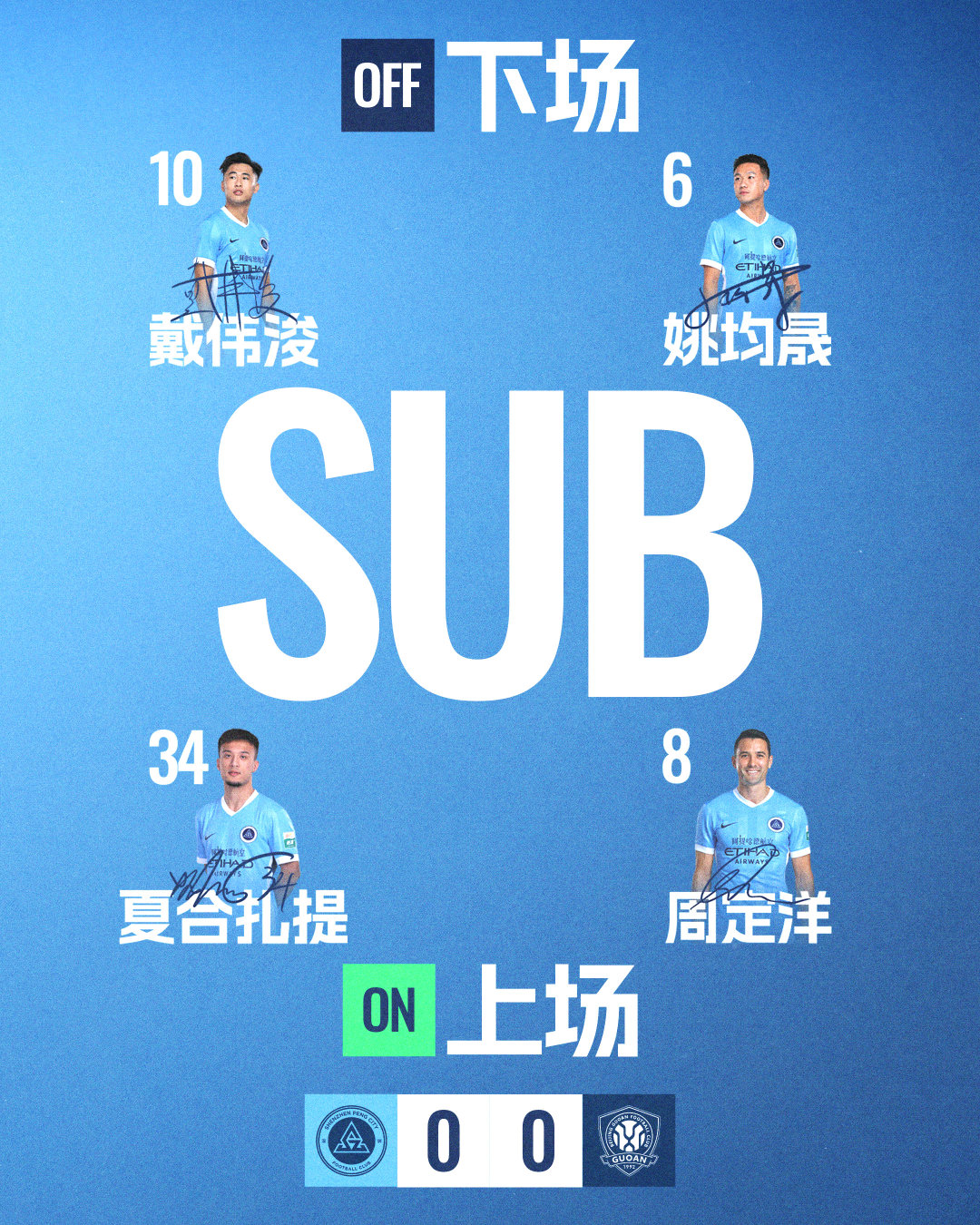 第56分钟，深圳新鹏城请求换人周定洋、夏合扎提·吾加合买提登场换下姚均晟和戴伟浚