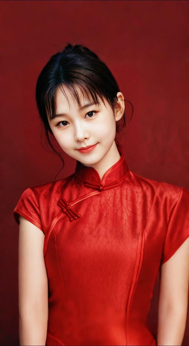 AI扩图 AI红裙浅笑