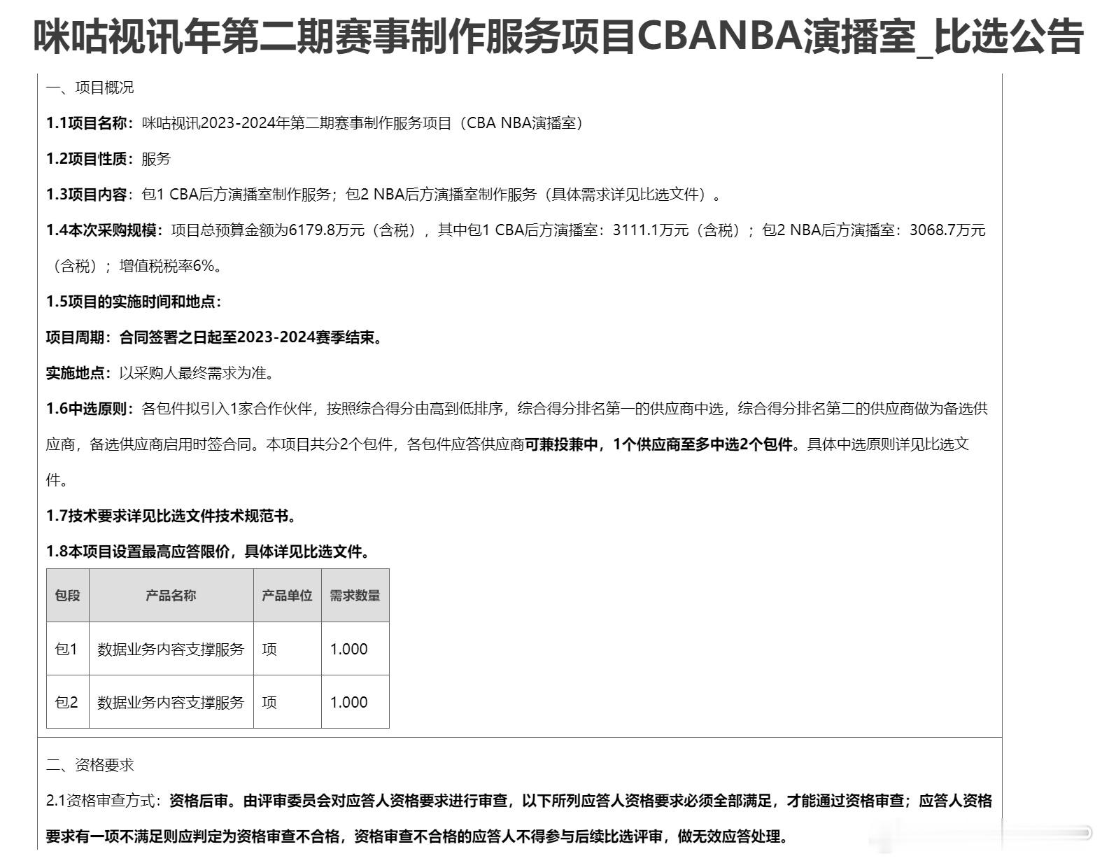 刚看到咪咕拟用6179.8万元采购CBA和NBA演播室的比选公告。其中，CBA演