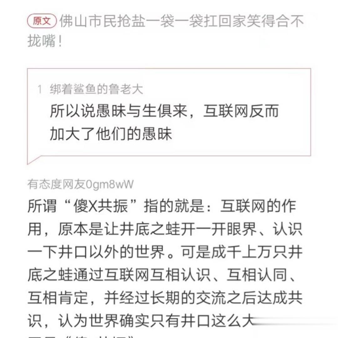 网友犀利评价抢盐行为。所谓“傻X共振”指的就是：互联网的作用，原本是让井底之蛙开