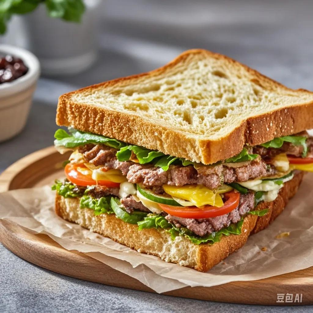 #一人食吃什么# 三明治：用面包夹上生菜、火腿、鸡蛋、番茄等食材，制作方便，营养