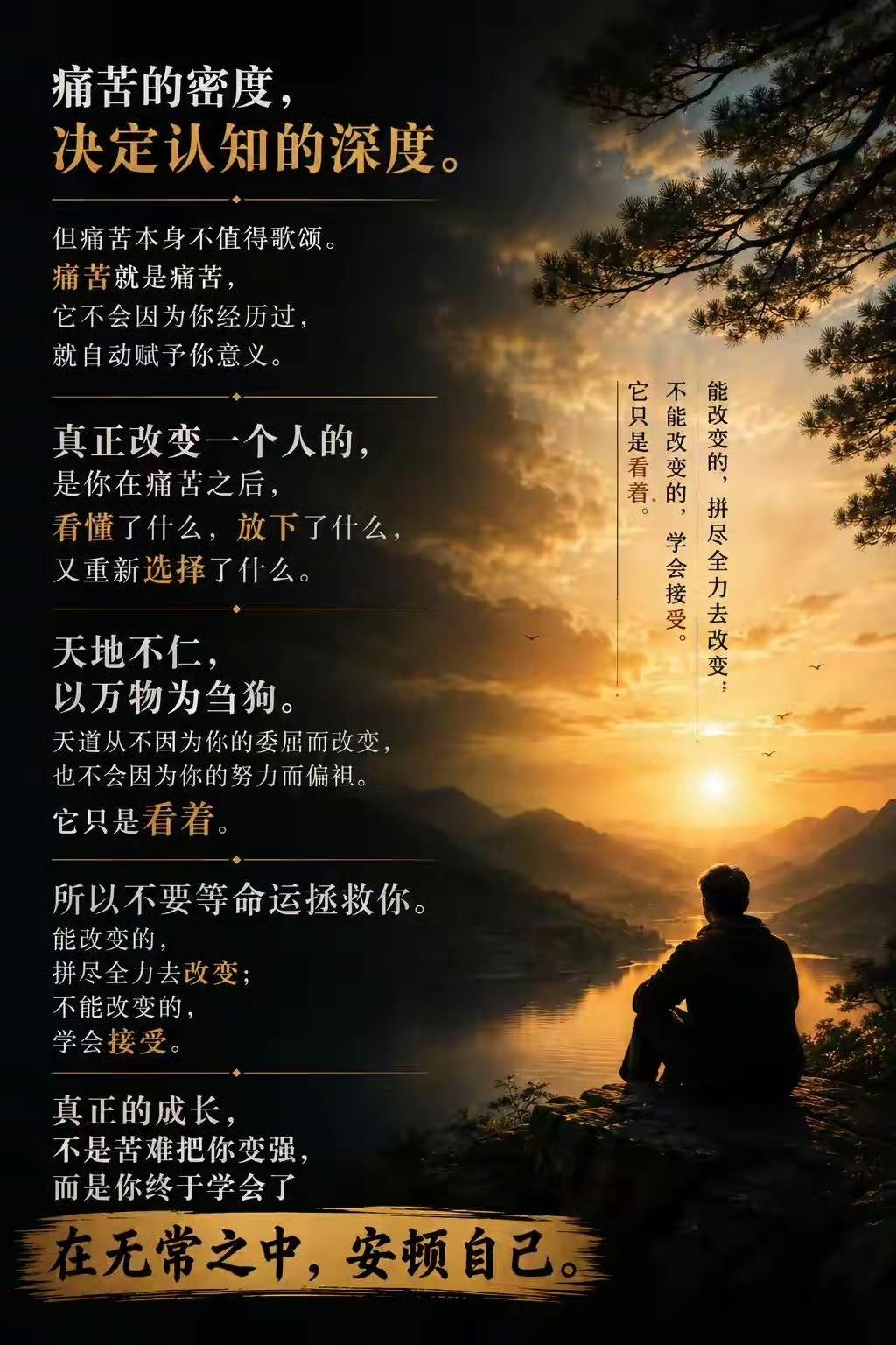 痛苦本身没有意义，成长来自苦难过后的选择
 
痛苦的密度，决定认知的深度，但痛苦