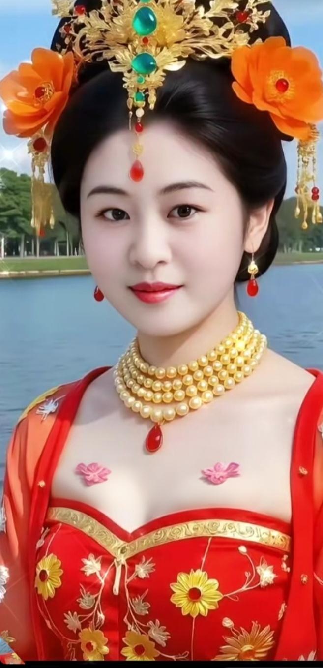 一袭正红唐制华服惊艳湖畔，金菊刺绣铺满衣身，层层珍珠颈链搭配红宝石坠饰华贵雅致。