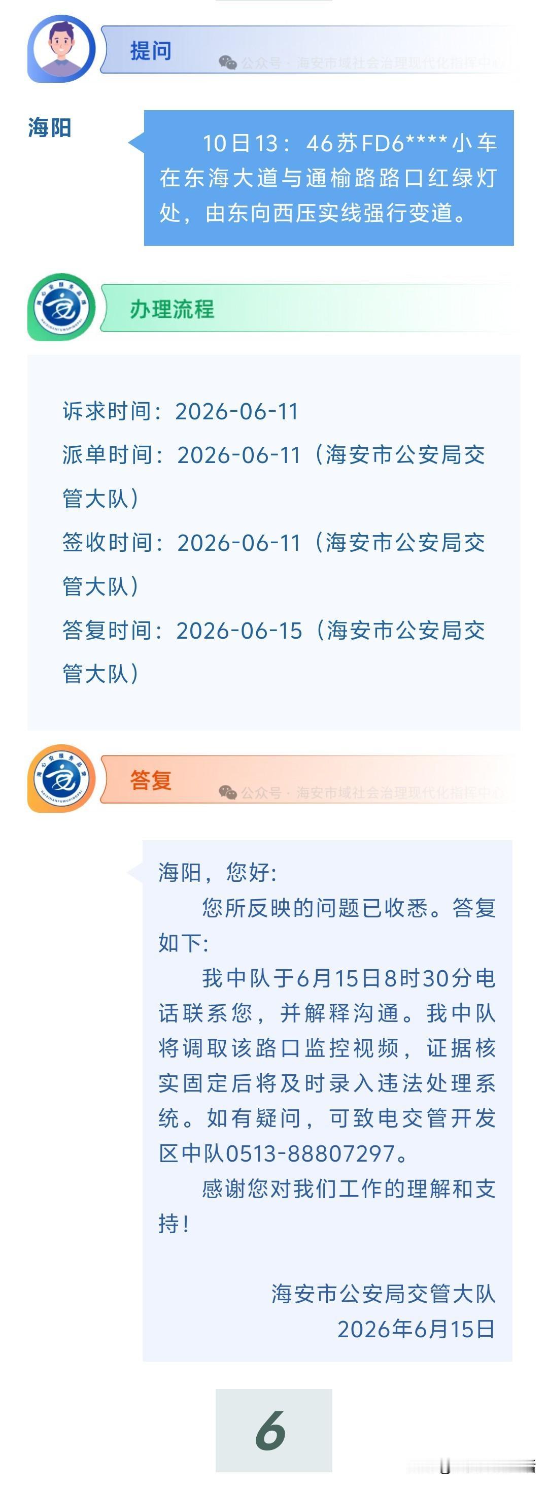 海安网友反映:  10日13：46苏FD6****小车在东海大道与通榆路路口红绿