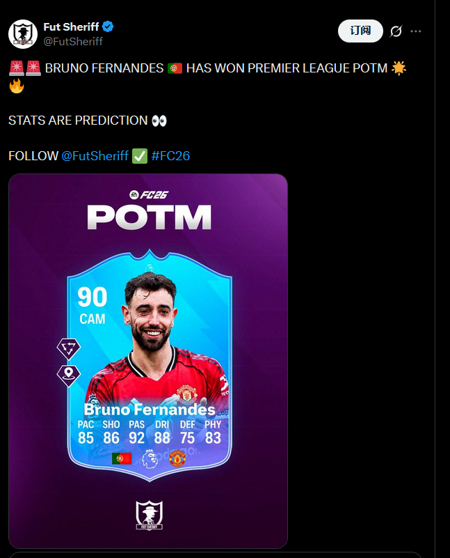 Fut Sheriff表示B费获得英超3月最佳球员六次获得月最佳与C罗和杰拉德并