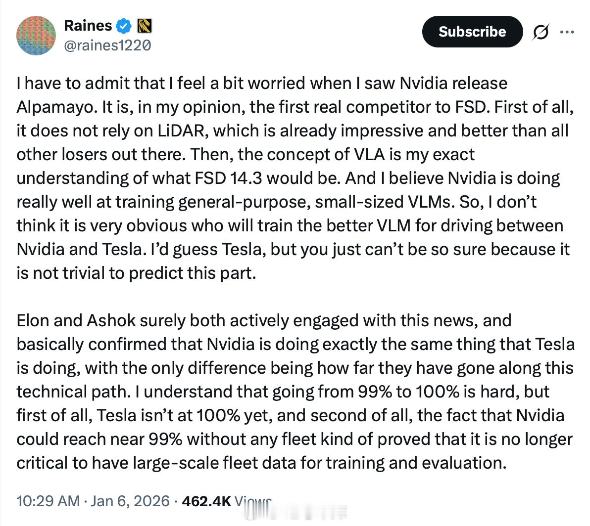 今天英伟达发布了 Alpamayo 系列开源 AI 模型、仿真工具和数据集，有人