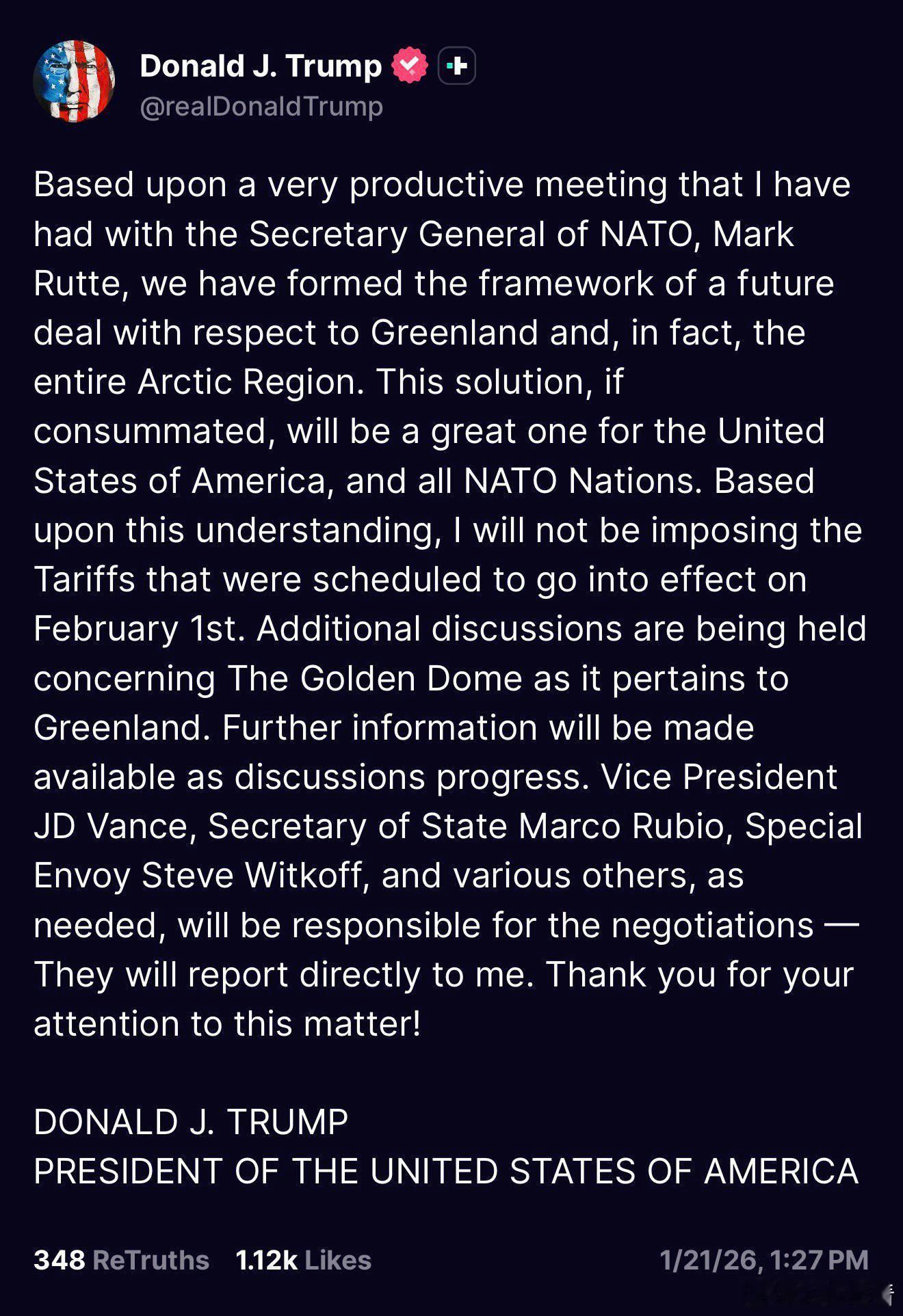 特朗普收回对欧洲8国关税威胁特朗普表示，在与鲁特会面后，双方已就格陵兰岛问题达成