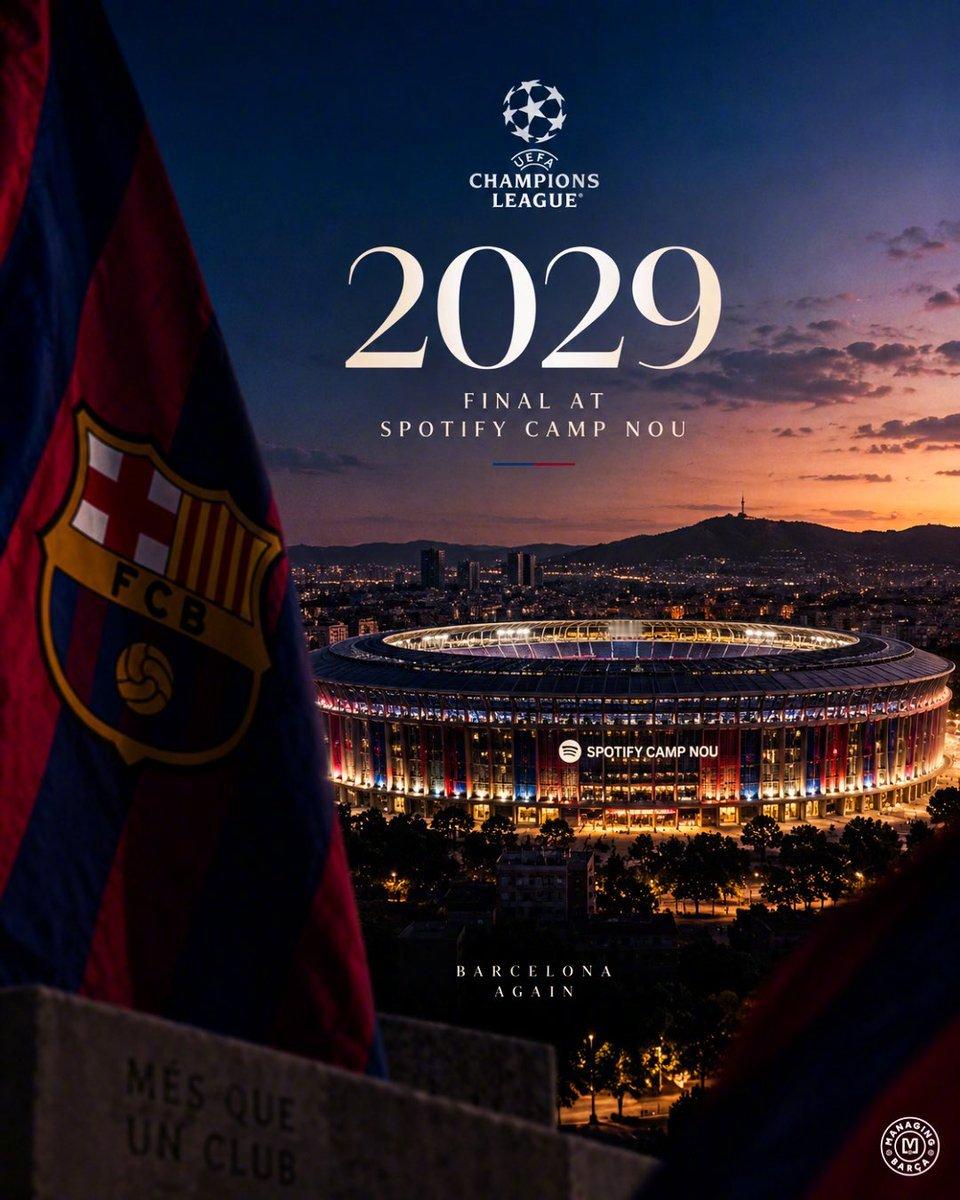 📢 重大官宣：2029年欧冠决赛将在巴塞罗那的Spotify诺坎普球场举行！?