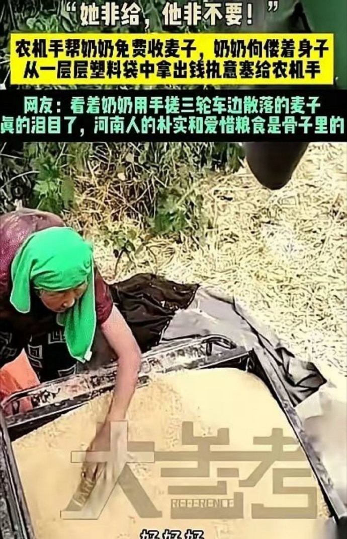 河南，一辆收割机正准备离开麦田。一个70多岁的老人突然冲过来，死死拽住车门。 她