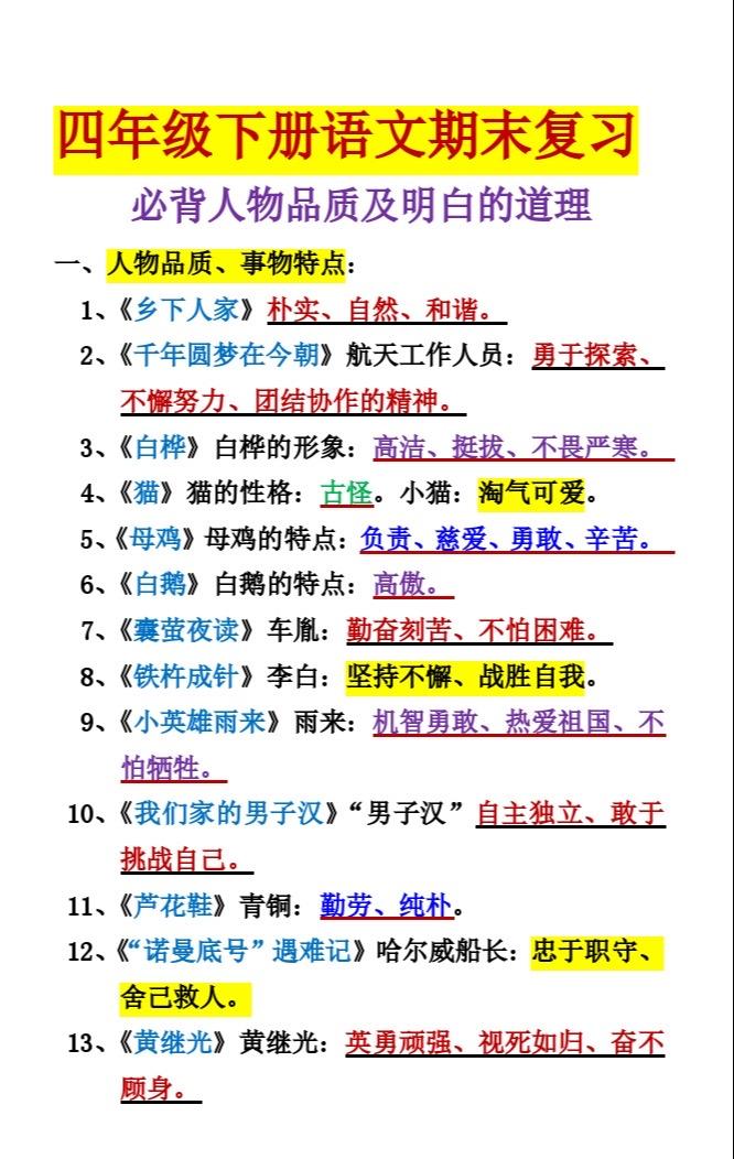 四年级语文期末必备人物品质明白道理🔥。期末复习必备人物品质明白道理