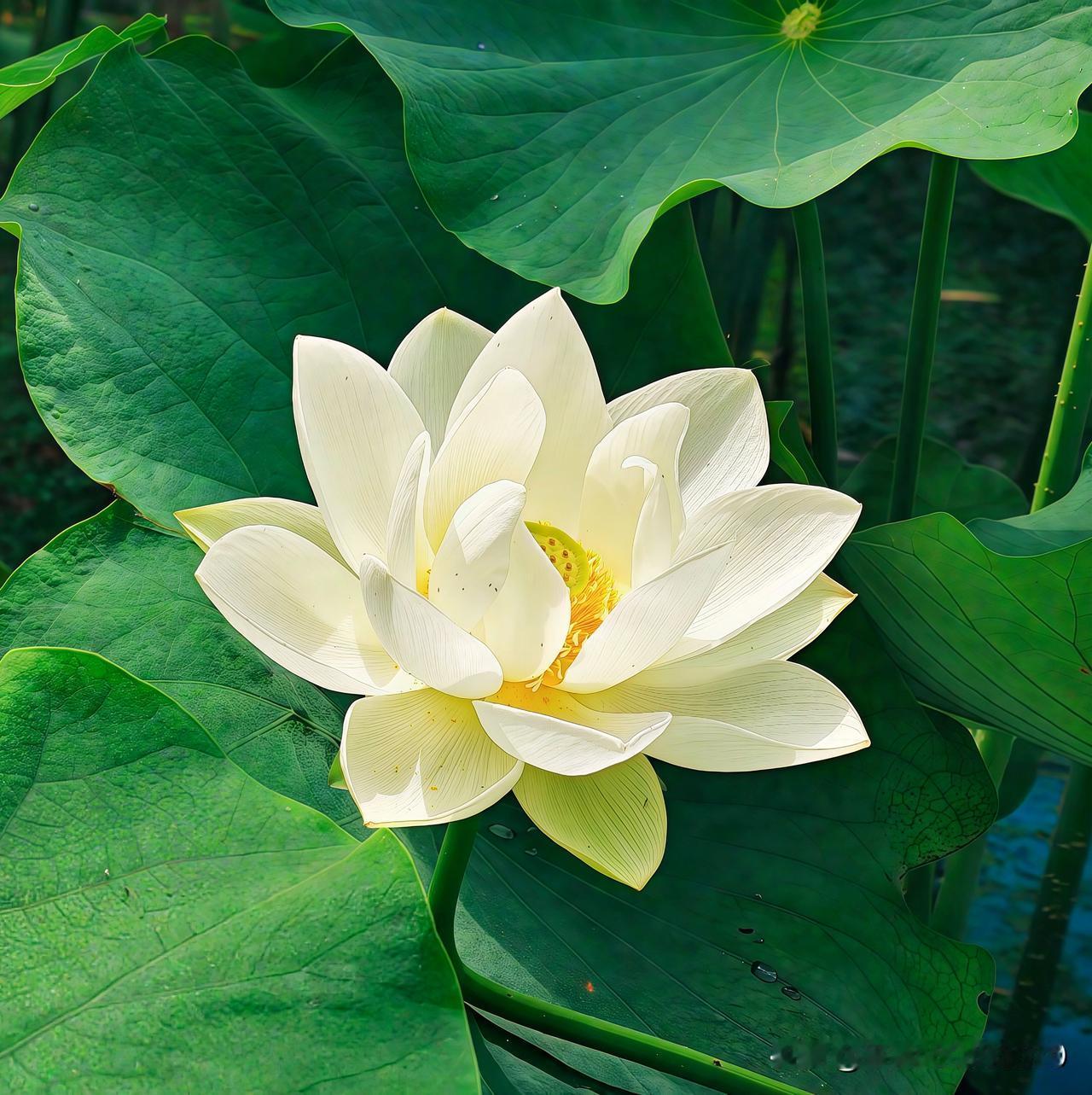 在一片翠绿的世界里，一朵洁白的荷花宛如仙子般在绿叶中悄然绽放。那洁白的花瓣，纯净