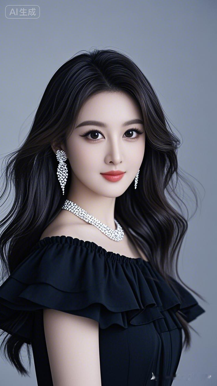 真人写真，少女一袭黑色一字肩翻领衫，荷叶边短袖柔美。长直发柔顺，浓眉大眼配长卷睫