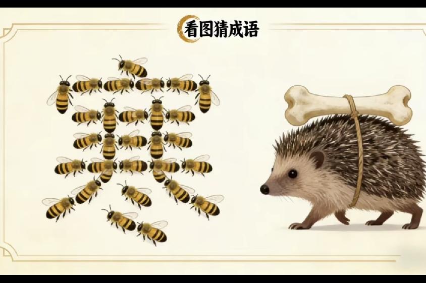这个成语是什么？有知道的吗？动动脑，不会老。图中有蜜蜂，有刺猬，能组成什么成语呢