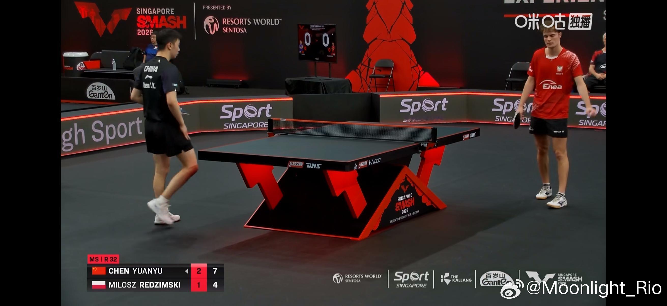 WTT新加坡大满贯2026 男单1/16决赛：🇨🇳陈垣宇3比1米洛什·雷德齐
