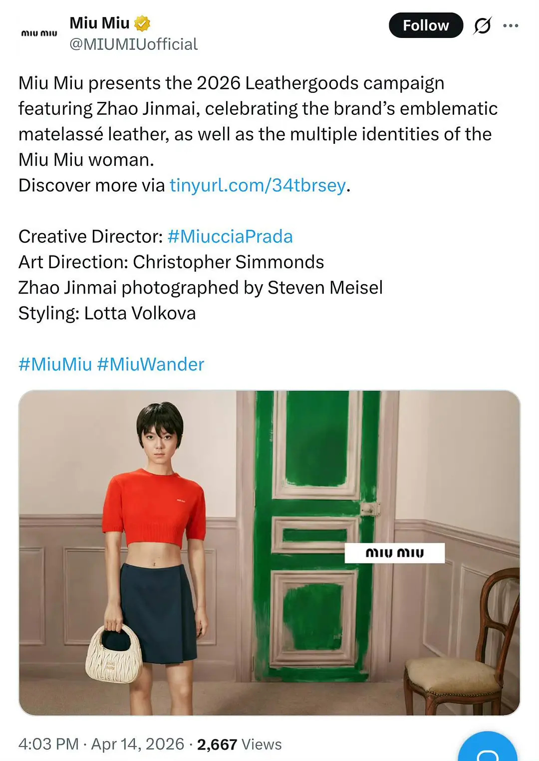 MiuMiu这么宠赵今麦官方ins、推特、官网外，内地，港澳区，日韩区官方网站均