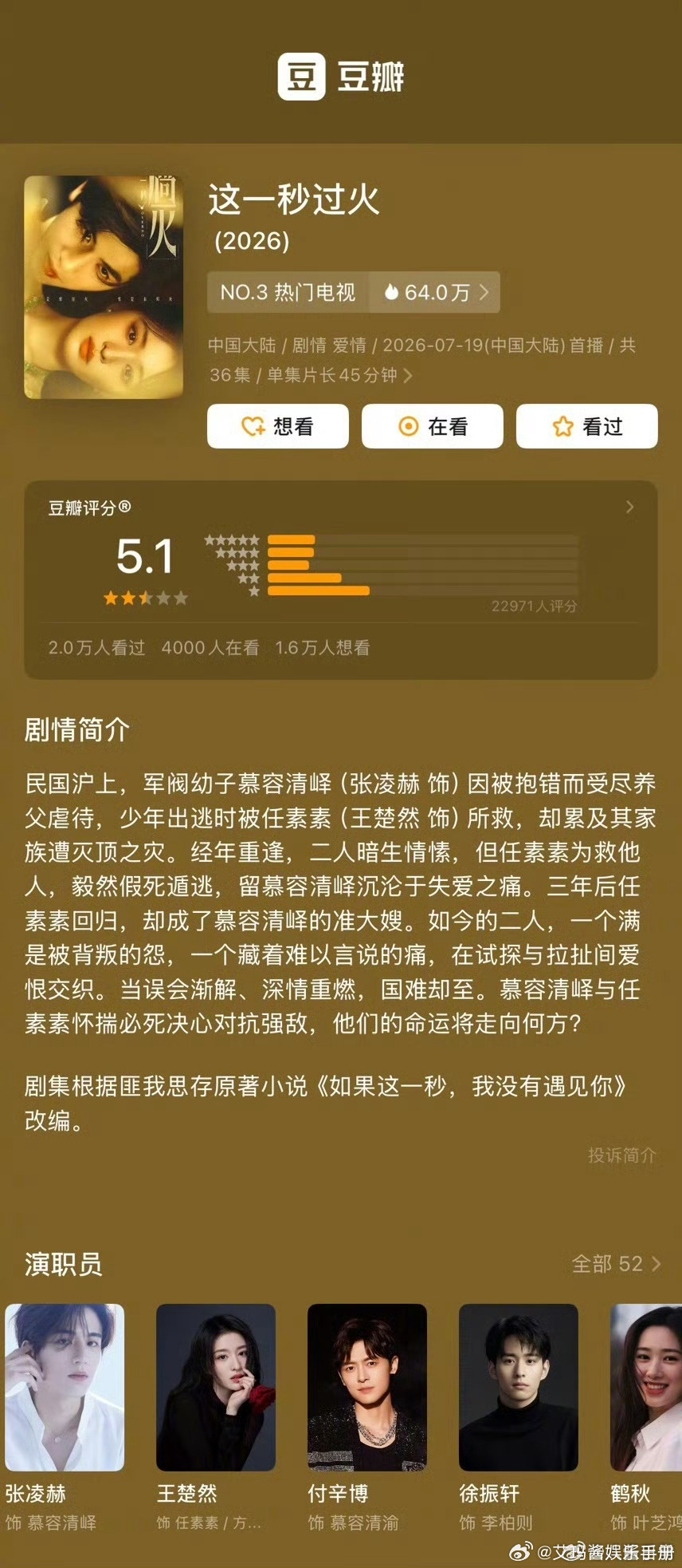 张凌赫 王楚然《这一秒过火》豆瓣开分5.1分，你觉得高了低了？ 