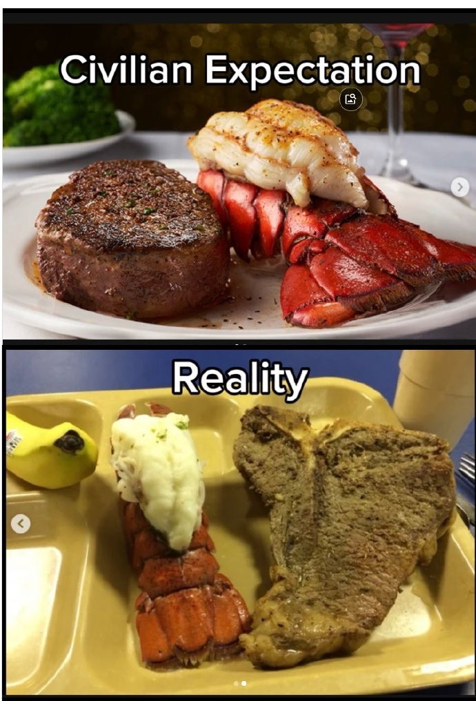 美军士兵吐槽“海陆双拼”大餐卖相难看所谓“海陆双拼”，即是牛排加龙虾 